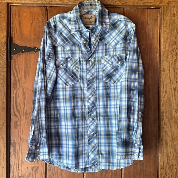 Wrangler Cowboy Retro Western Snap Pearl Sawtooth Pocket Plaid Shirt M - Picture 3 of 10